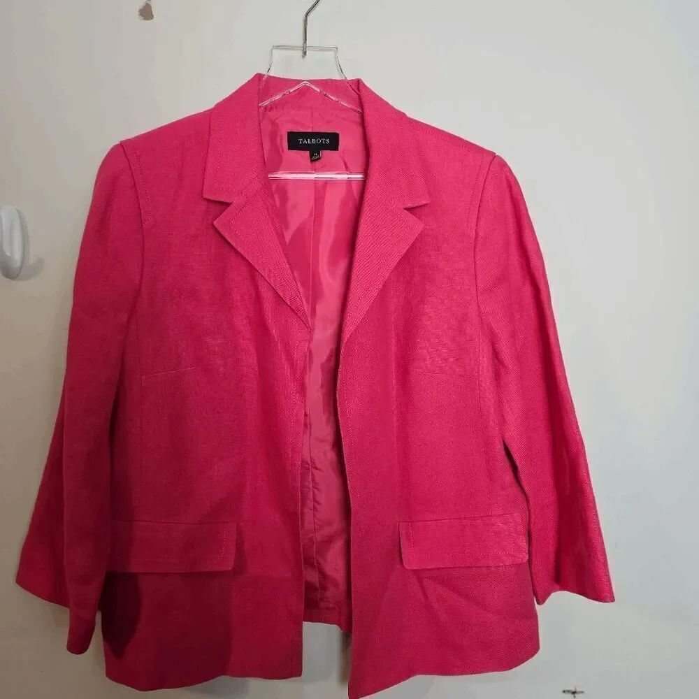 Talbots Open Front 100% Linen Summer Blazer Womens Hot Pink Barbie Core 14